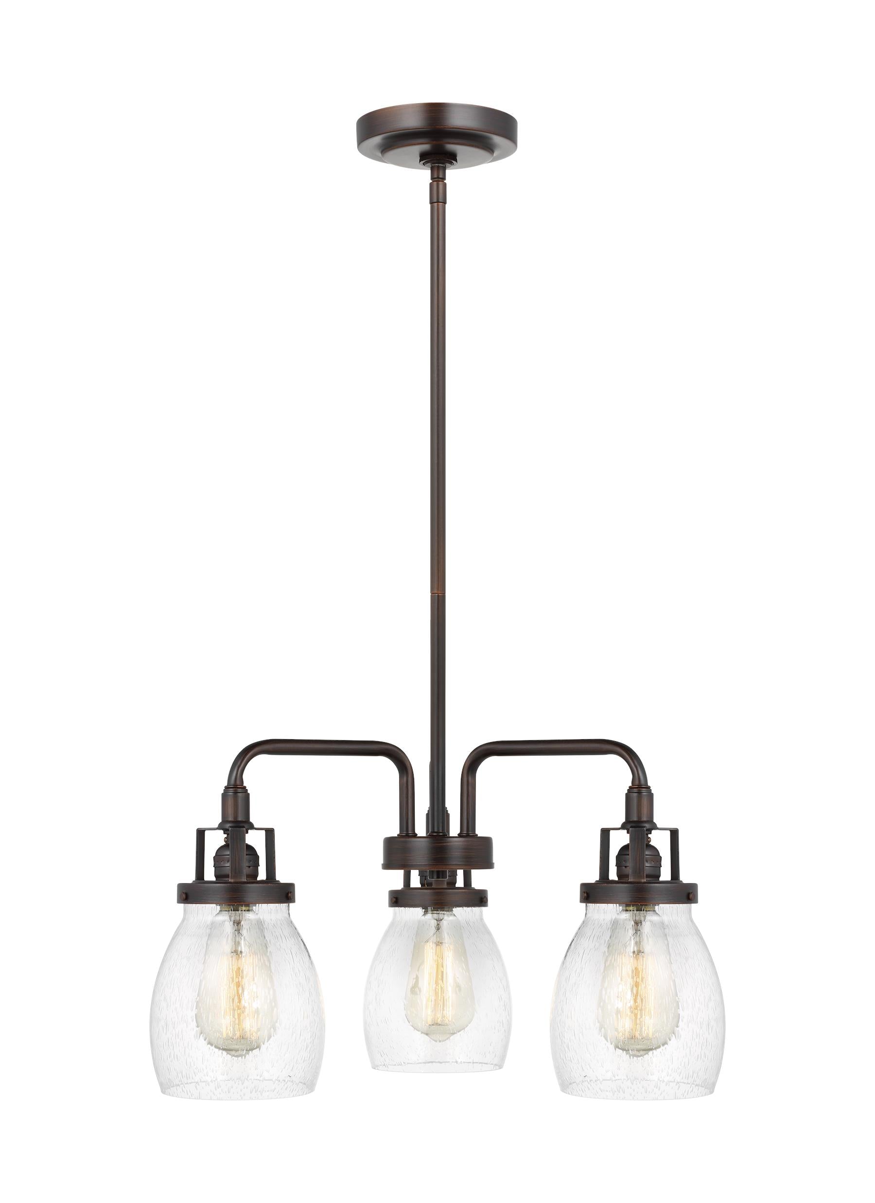 Belton transitional 3-light indoor dimmable ceiling chandelier pendant light in bronze finish with clear seeded glass shades