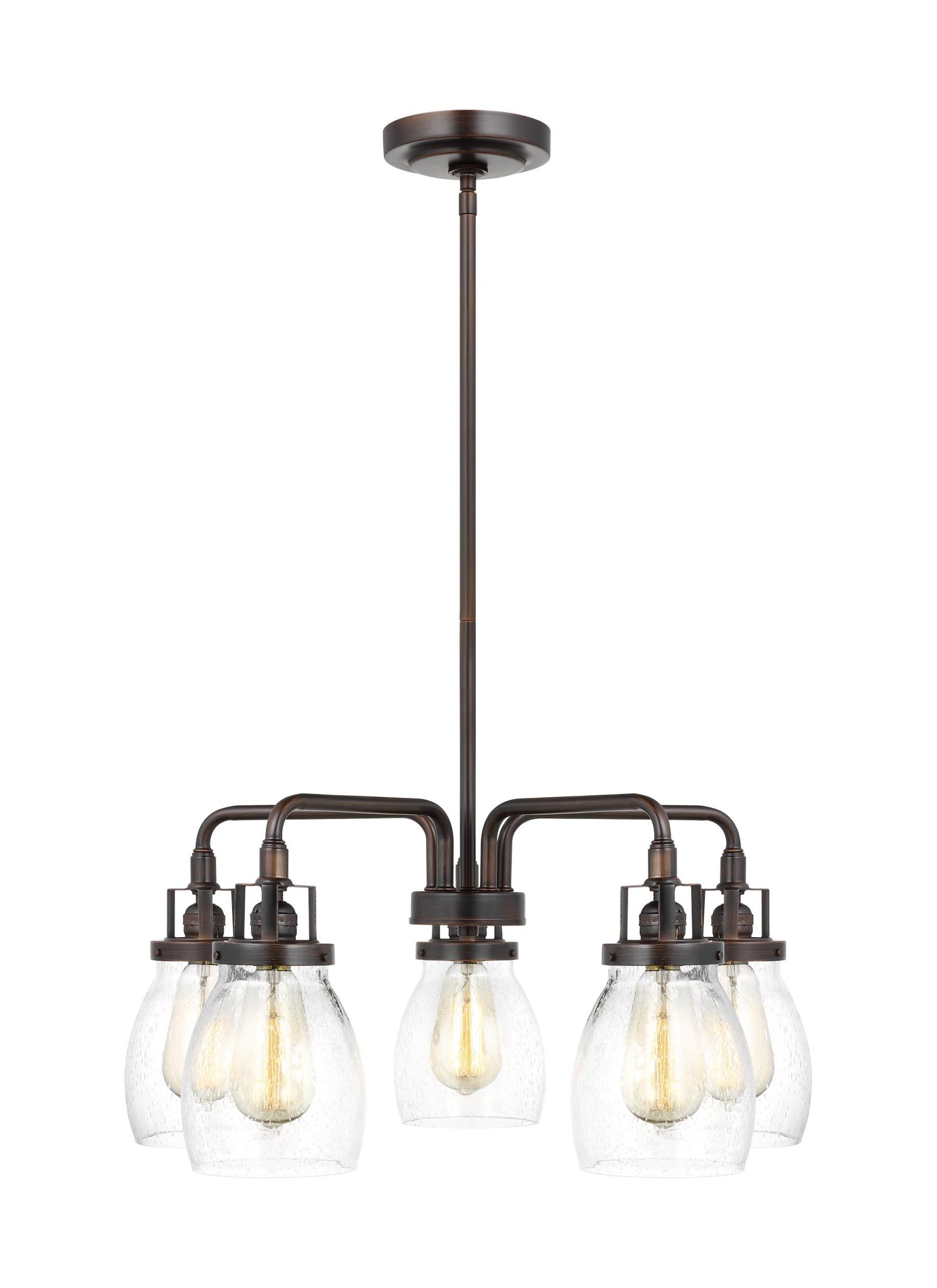 Belton transitional 5-light indoor dimmable ceiling chandelier pendant light in bronze finish with clear seeded glass shades