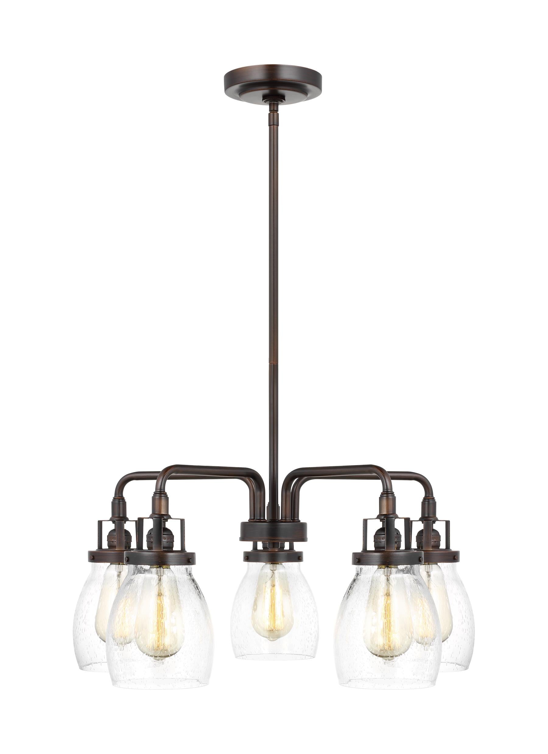 Belton transitional 5-light indoor dimmable ceiling chandelier pendant light in bronze finish with clear seeded glass shades