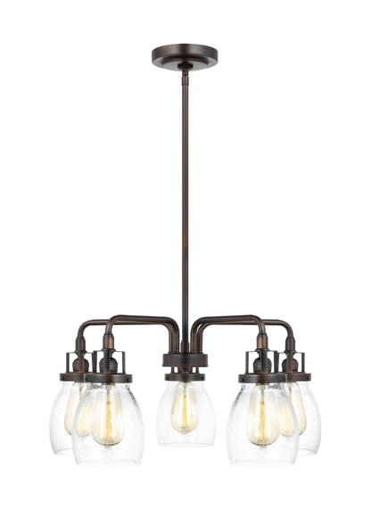 Belton transitional 5-light indoor dimmable ceiling chandelier pendant light in bronze finish with clear seeded glass shades