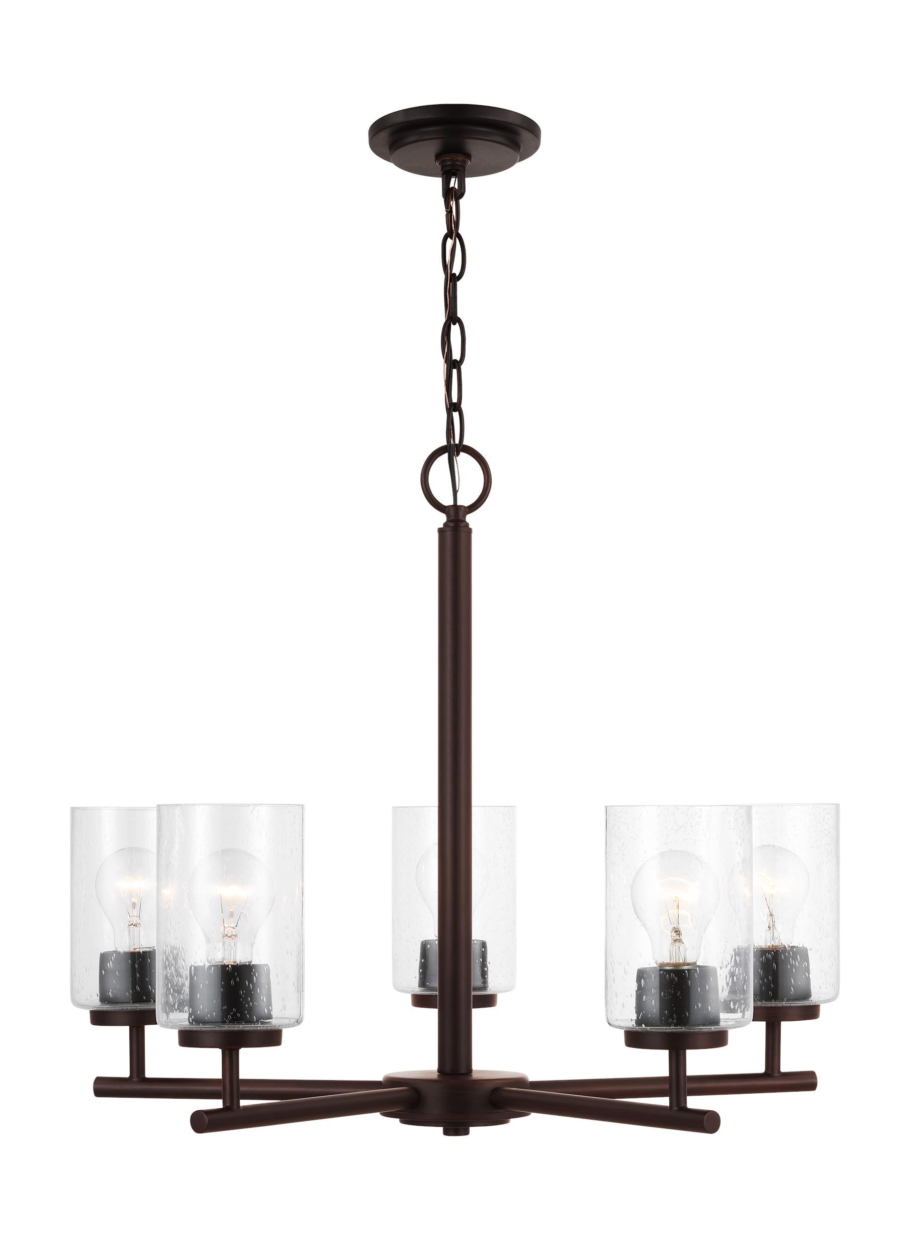 Oslo indoor dimmable 5-light chandelier in a bronze finish with a clear seeded glass shade