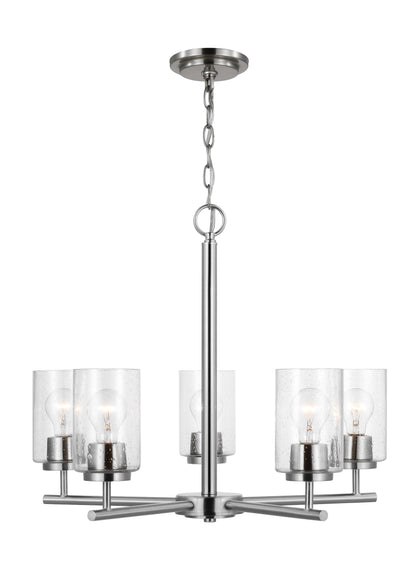 Oslo indoor dimmable 5-light chandelier in a brushed nickel finish with a clear seeded glass shade