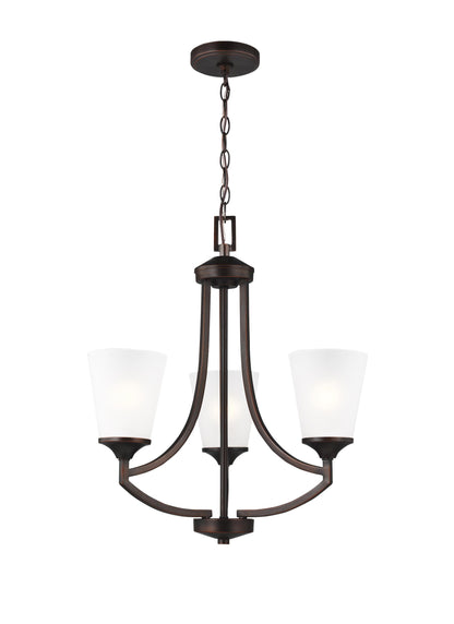Hanford traditional 3-light indoor dimmable ceiling chandelier pendant light in bronze finish with satin etched glass shades