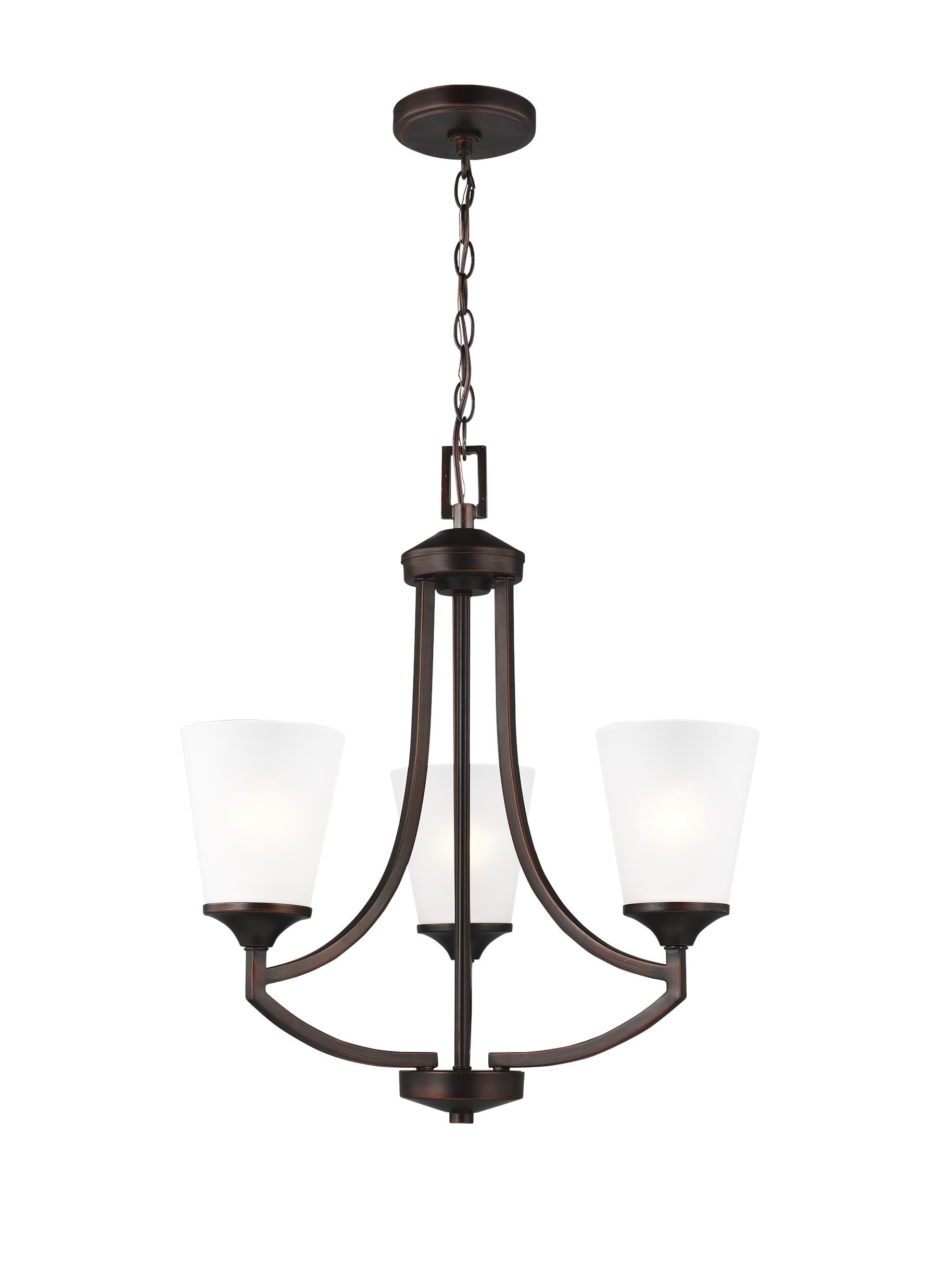 Hanford traditional 3-light indoor dimmable ceiling chandelier pendant light in bronze finish with satin etched glass shades