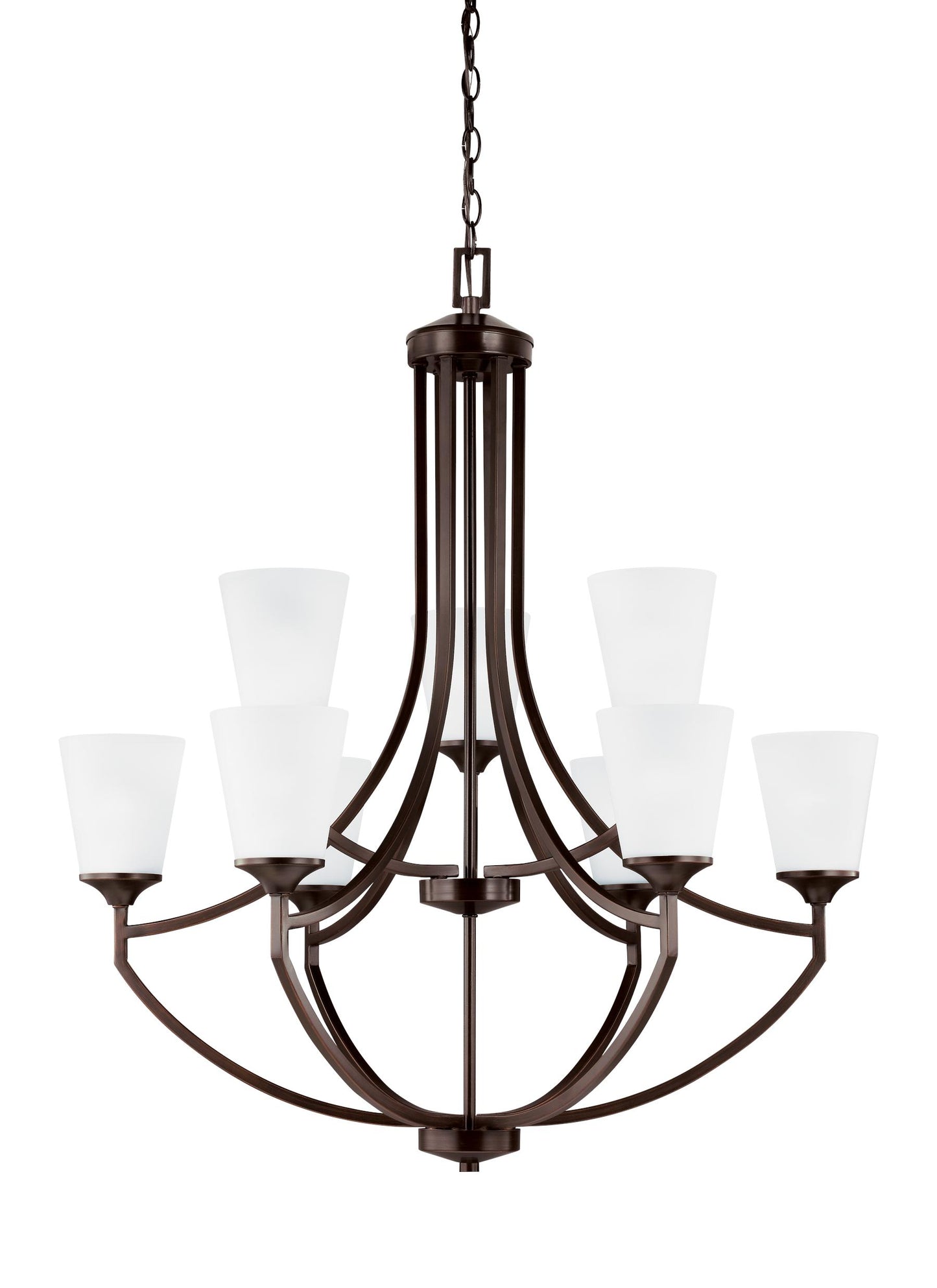 Hanford traditional 9-light indoor dimmable ceiling chandelier pendant light in bronze finish with satin etched glass shades