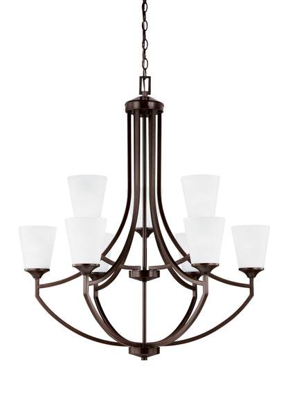 Hanford traditional 9-light indoor dimmable ceiling chandelier pendant light in bronze finish with satin etched glass shades