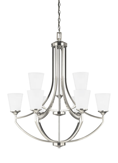 Hanford traditional 9-light indoor dimmable ceiling chandelier pendant light in brushed nickel silver finish with satin et...