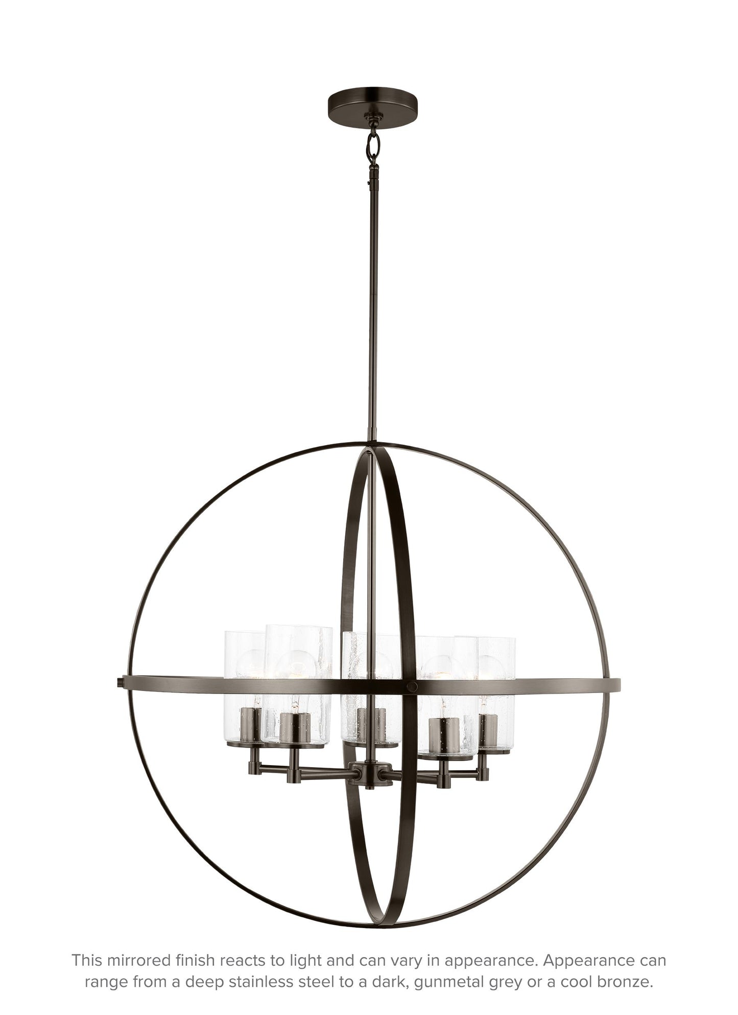 Alturas indoor dimmable 5-light single tier chandelier in pewter bronze finish with spherical steel frame and cylindrical ...