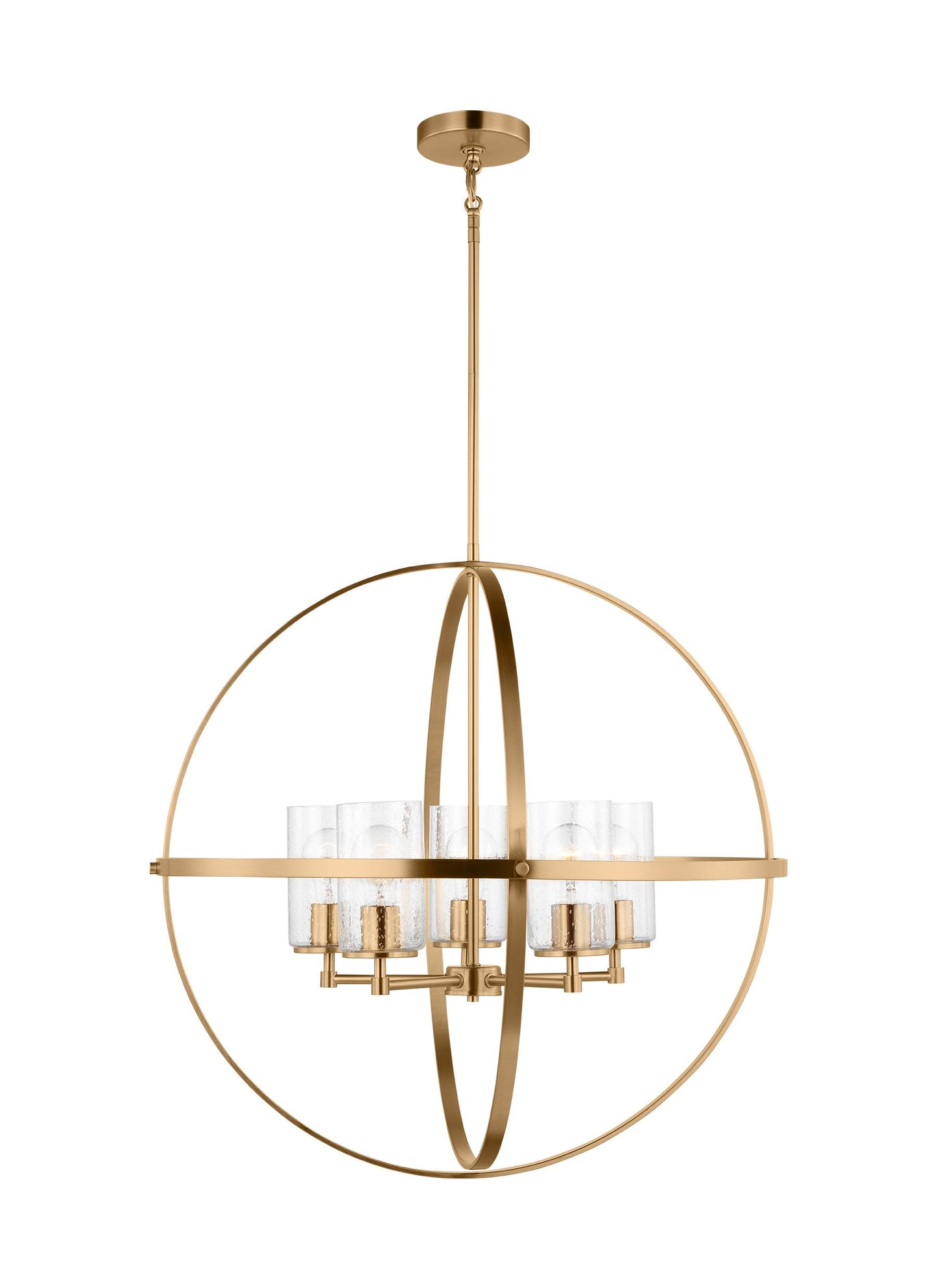 Alturas indoor dimmable 5-light single tier chandelier in satin brass finish with spherical steel frame and cylindrical cl...