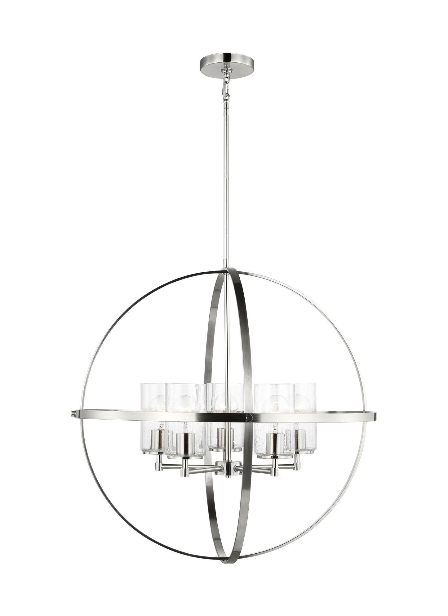 Alturas indoor dimmable 5-light single tier chandelier in brushed nickel finish with spherical steel frame and cylindrical...