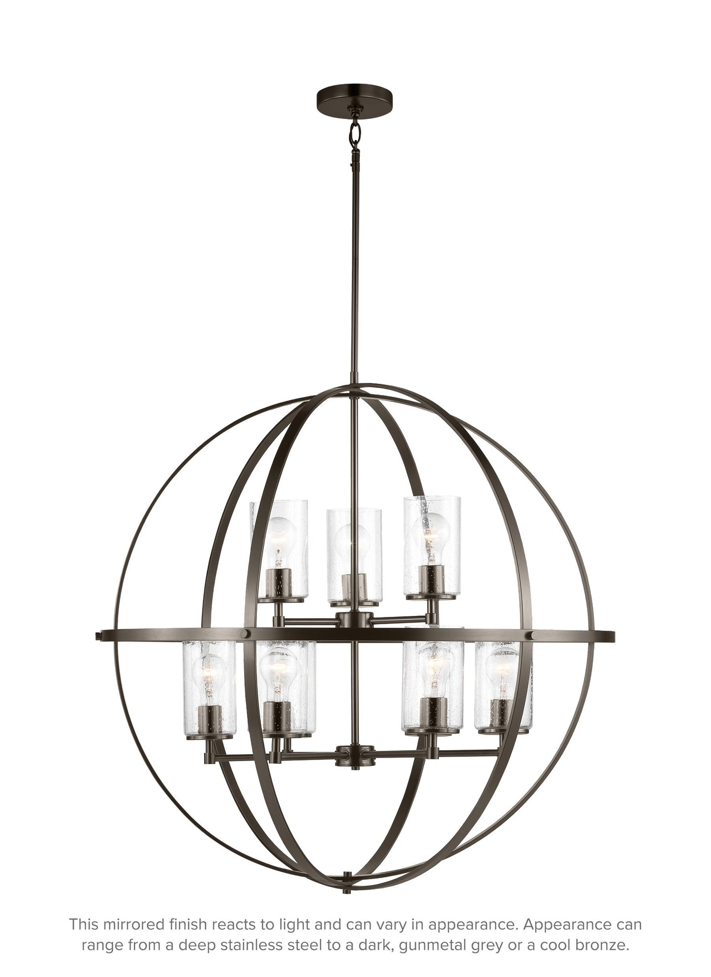 Alturas indoor dimmable 9-light multi-tier chandelier in pewter bronze finish with spherical steel frame and cylindrical c...