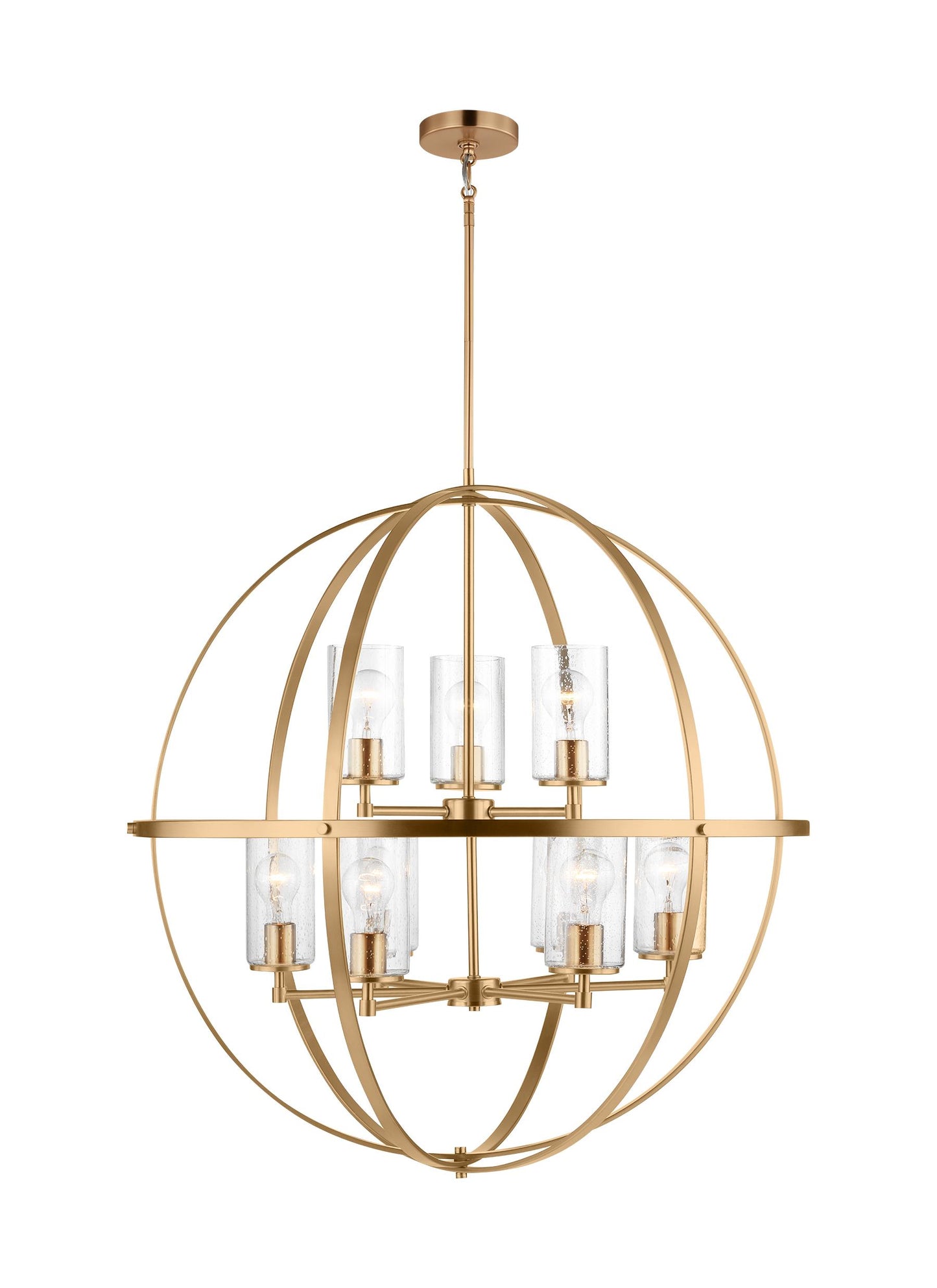 Alturas indoor dimmable 9-light multi-tier chandelier in satin brass finish with spherical steel frame and cylindrical cle...