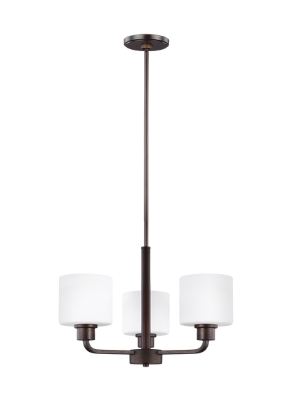 Canfield modern 3-light indoor dimmable ceiling chandelier pendant light in bronze finish with etched white inside glass s...