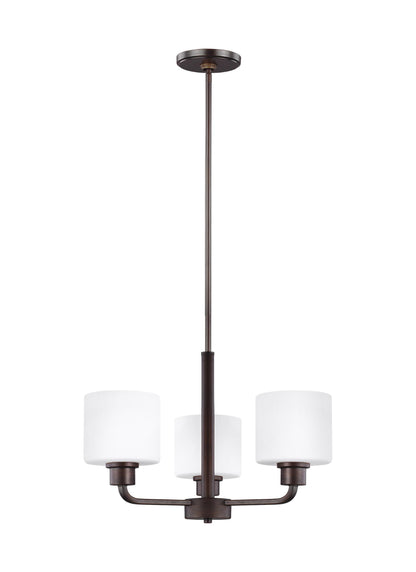 Canfield modern 3-light indoor dimmable ceiling chandelier pendant light in bronze finish with etched white inside glass s...