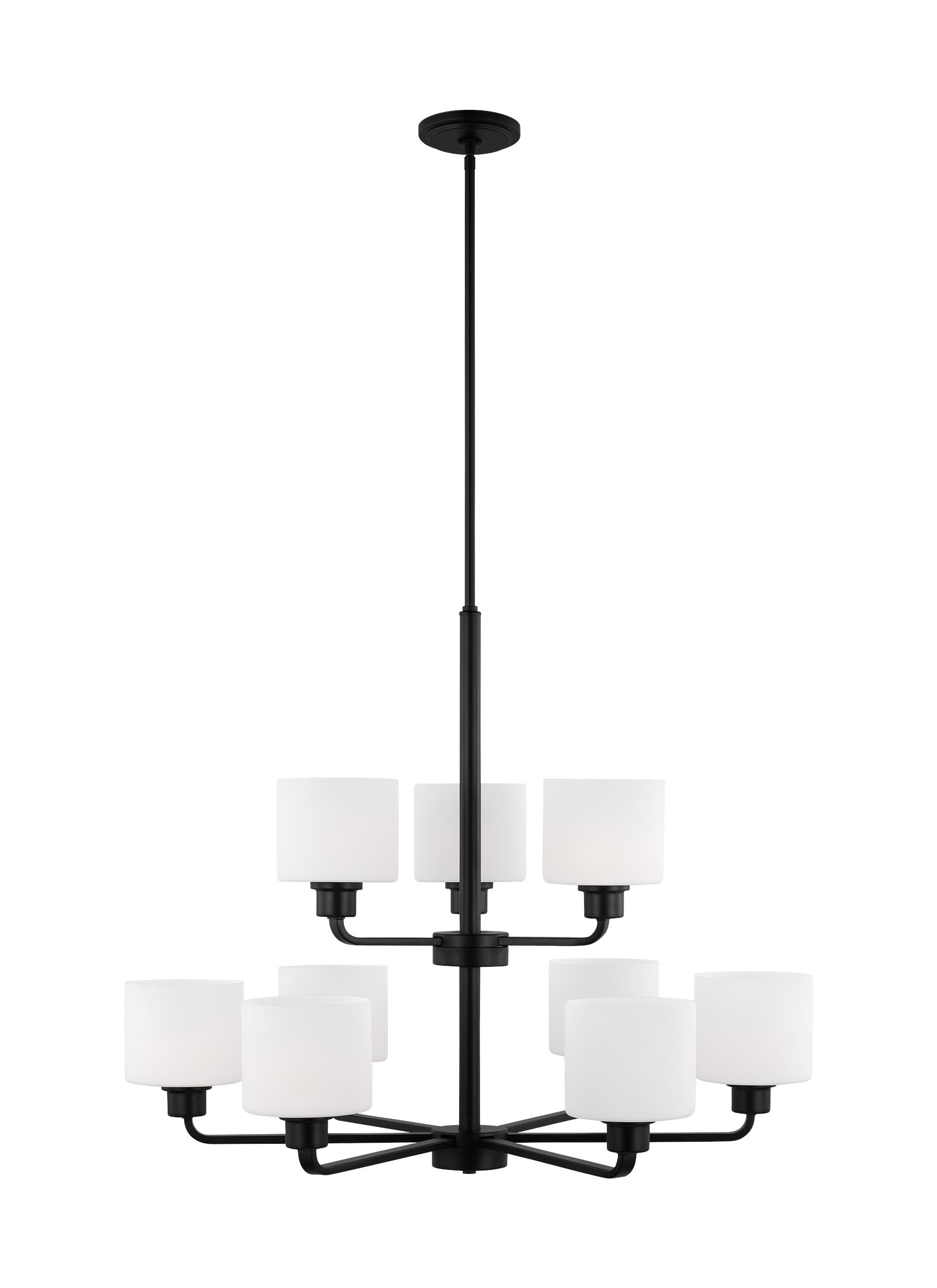 Canfield indoor dimmable 9-light chandelier in midnight black finish and etched white glass shade