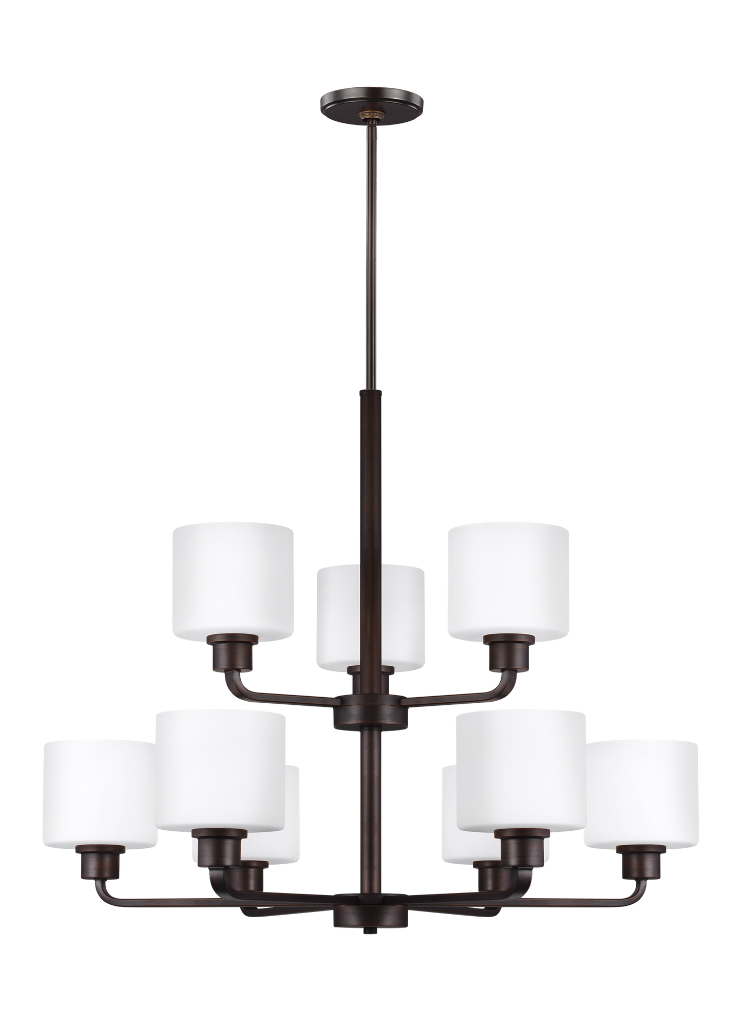 Canfield modern 9-light indoor dimmable ceiling chandelier pendant light in bronze finish with etched white inside glass s...