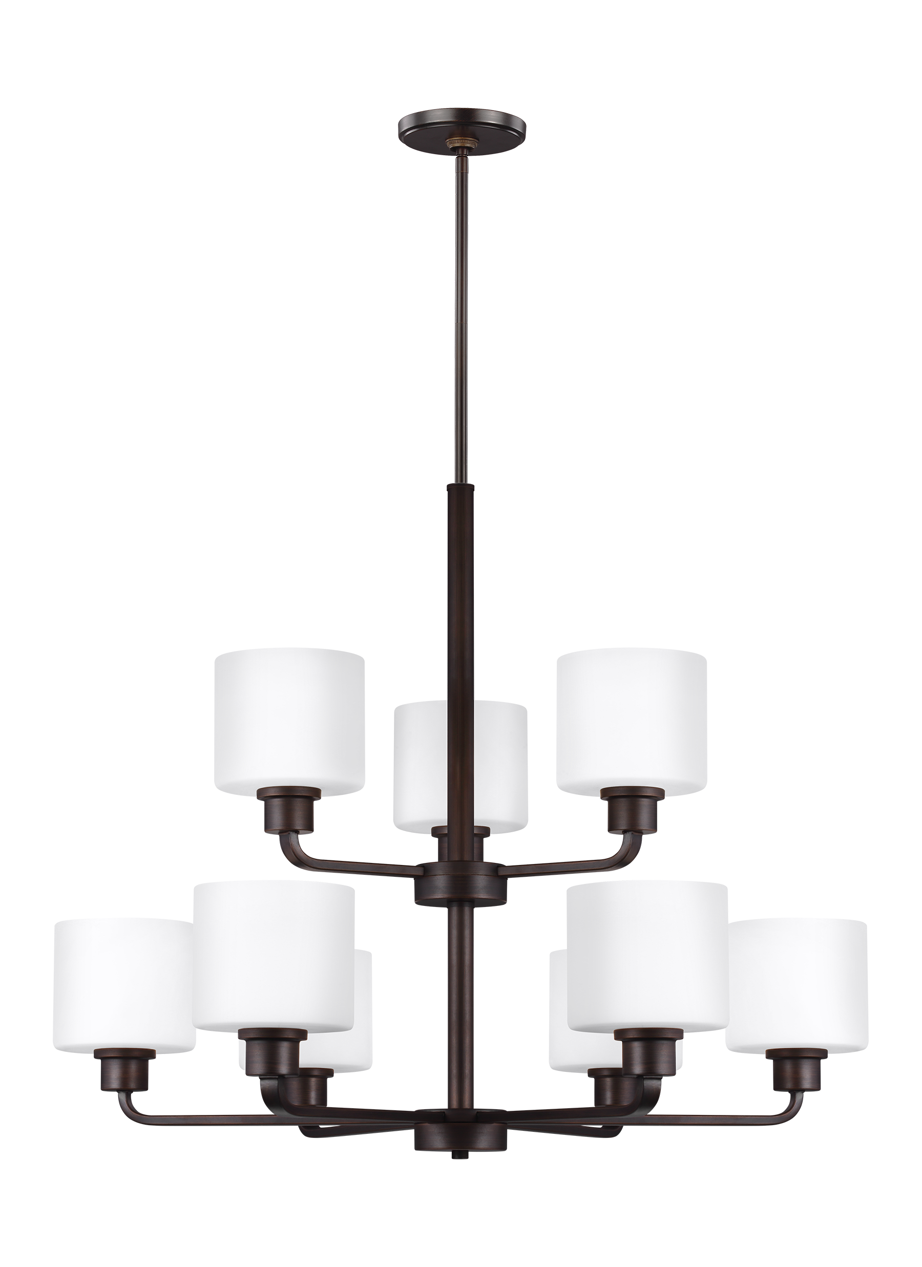 Canfield modern 9-light indoor dimmable ceiling chandelier pendant light in bronze finish with etched white inside glass s...