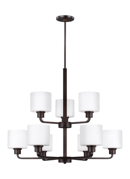 Canfield modern 9-light indoor dimmable ceiling chandelier pendant light in bronze finish with etched white inside glass s...