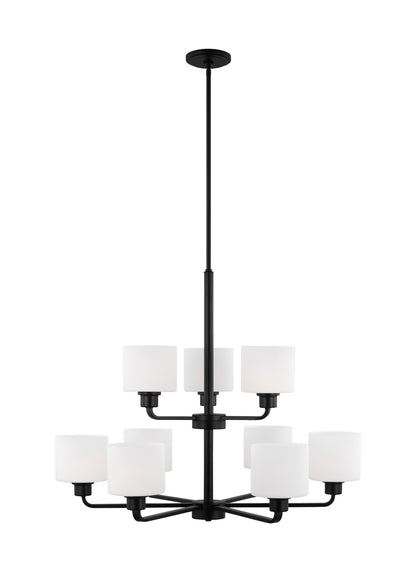 Canfield indoor dimmable 9-light chandelier in midnight black finish and etched white glass shade