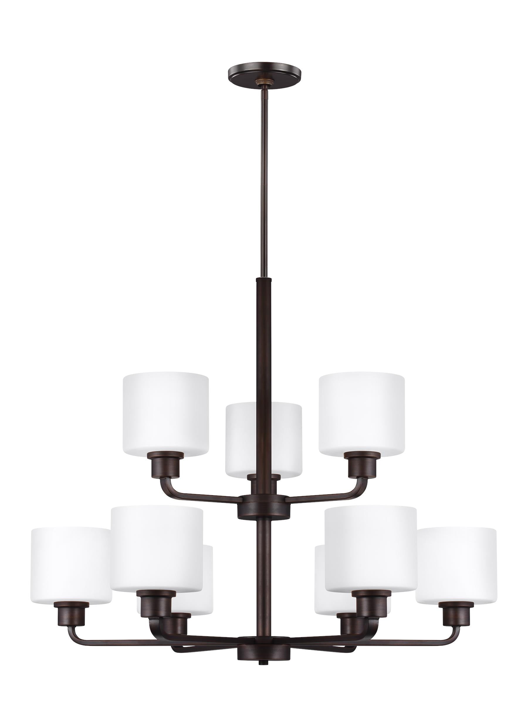 Canfield modern 9-light indoor dimmable ceiling chandelier pendant light in bronze finish with etched white inside glass s...