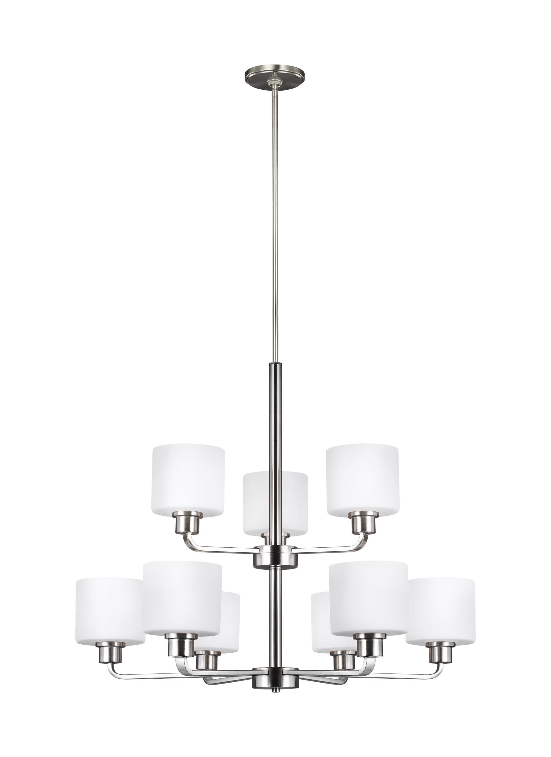 Canfield modern 9-light indoor dimmable ceiling chandelier pendant light in brushed nickel silver finish with etched white...