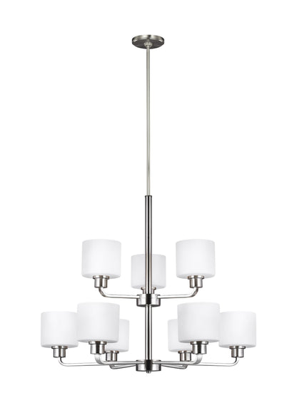 Canfield modern 9-light indoor dimmable ceiling chandelier pendant light in brushed nickel silver finish with etched white...