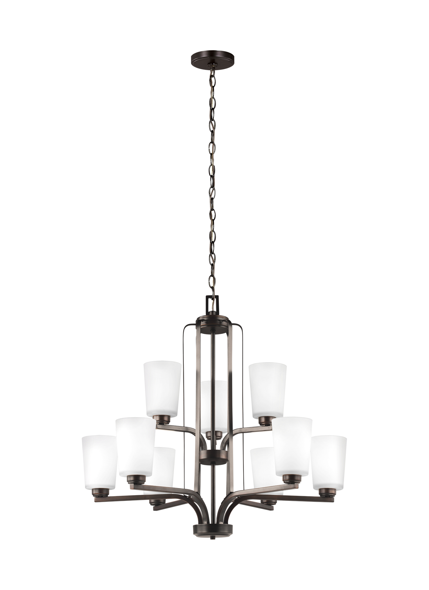 Franport transitional 9-light indoor dimmable ceiling chandelier pendant light in bronze finish with etched white glass sh...