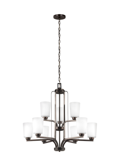 Franport transitional 9-light indoor dimmable ceiling chandelier pendant light in bronze finish with etched white glass sh...