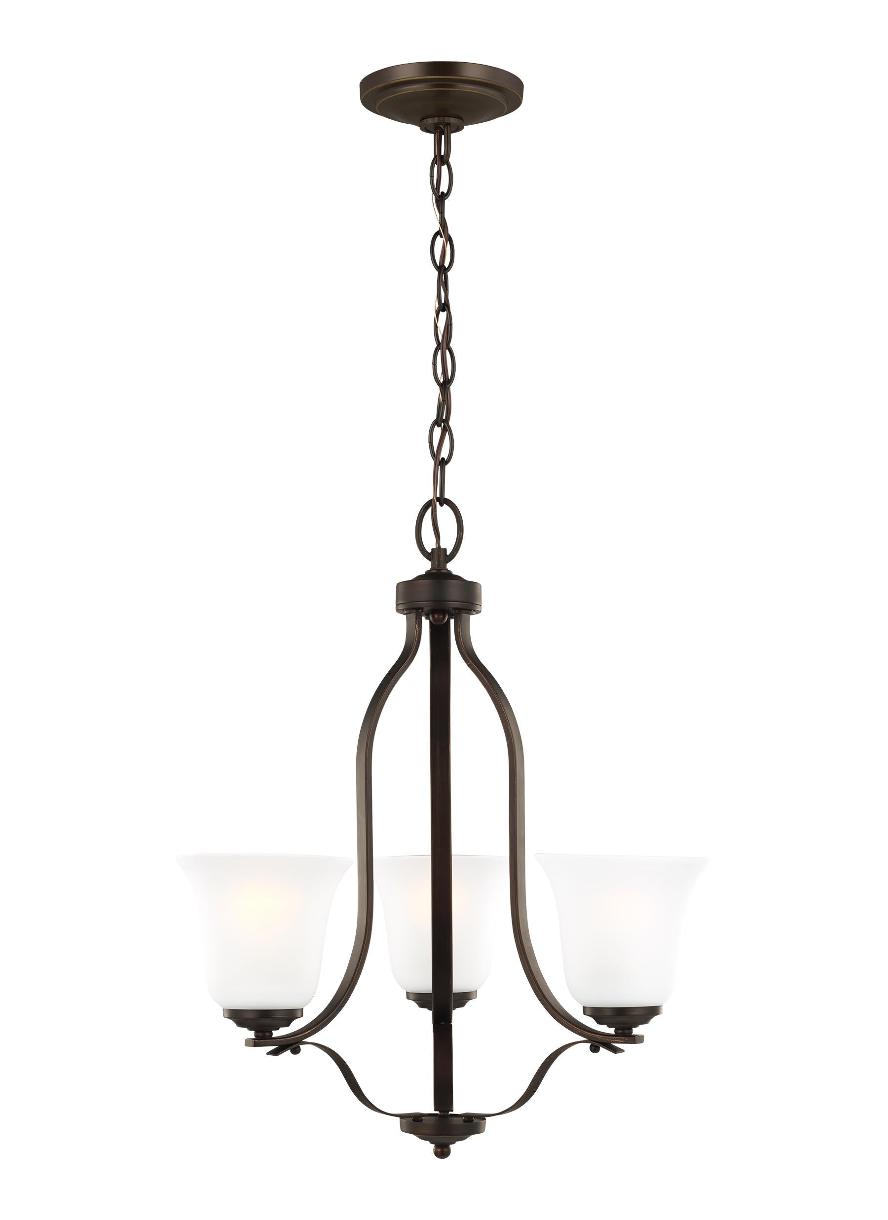 Emmons traditional 3-light indoor dimmable ceiling chandelier pendant light in bronze finish with satin etched glass shades