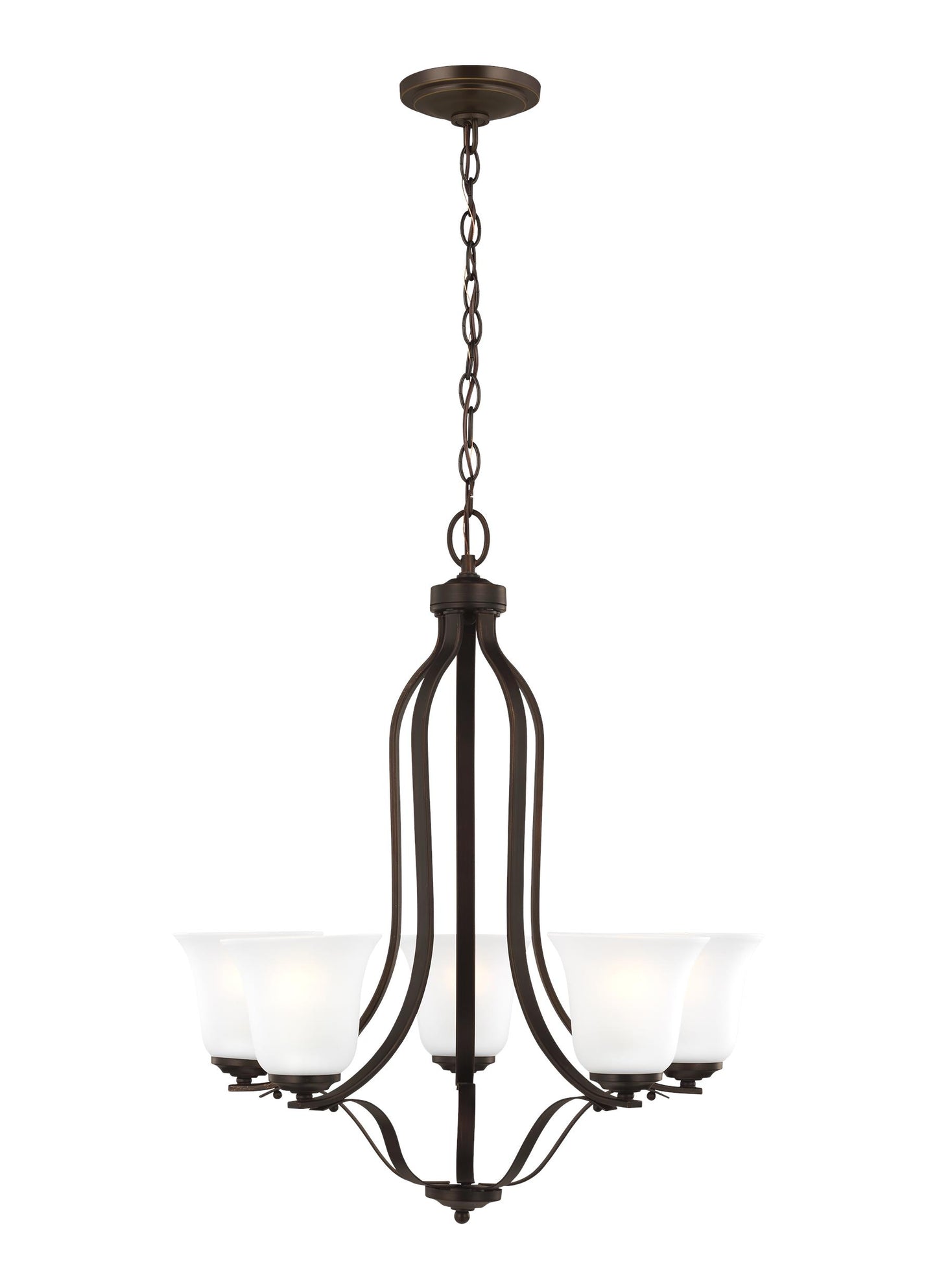 Emmons traditional 5-light indoor dimmable ceiling chandelier pendant light in bronze finish with satin etched glass shades