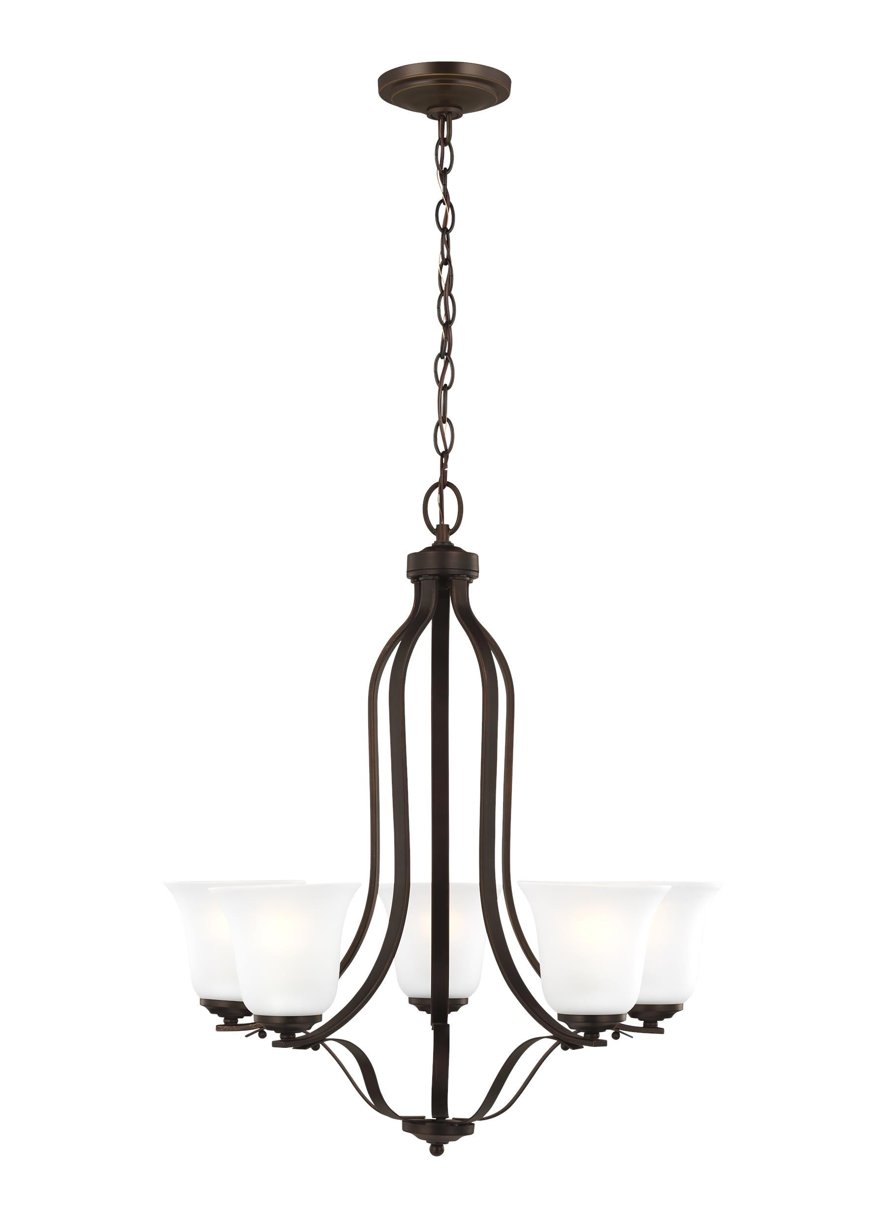 Emmons traditional 5-light indoor dimmable ceiling chandelier pendant light in bronze finish with satin etched glass shades