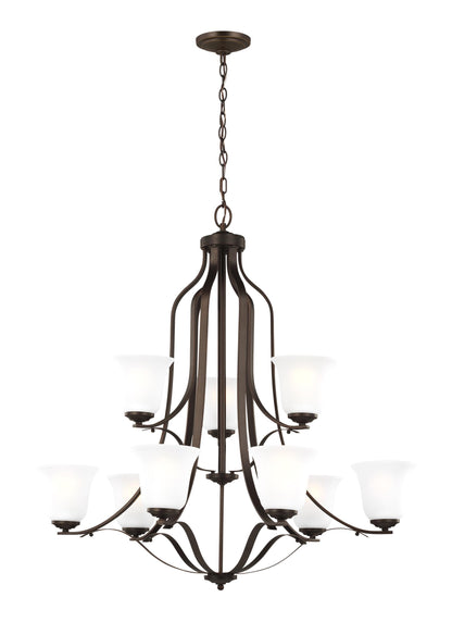 Emmons traditional 9-light indoor dimmable ceiling chandelier pendant light in bronze finish with satin etched glass shades