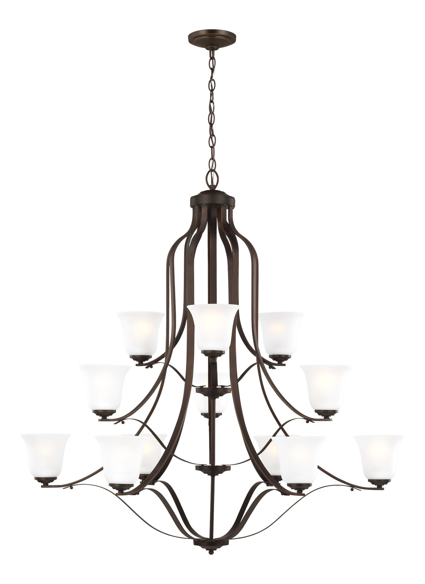 Emmons traditional 12-light indoor dimmable ceiling chandelier pendant light in bronze finish with satin etched glass shades