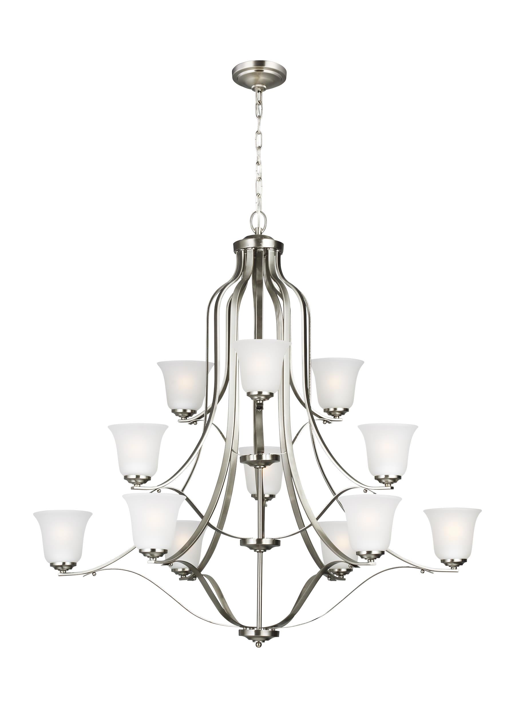 Emmons traditional 12-light indoor dimmable ceiling chandelier pendant light in brushed nickel silver finish with satin et...