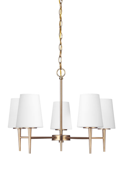 Driscoll contemporary 5-light indoor dimmable ceiling chandelier pendant light in satin brass gold finish with cased opal ...