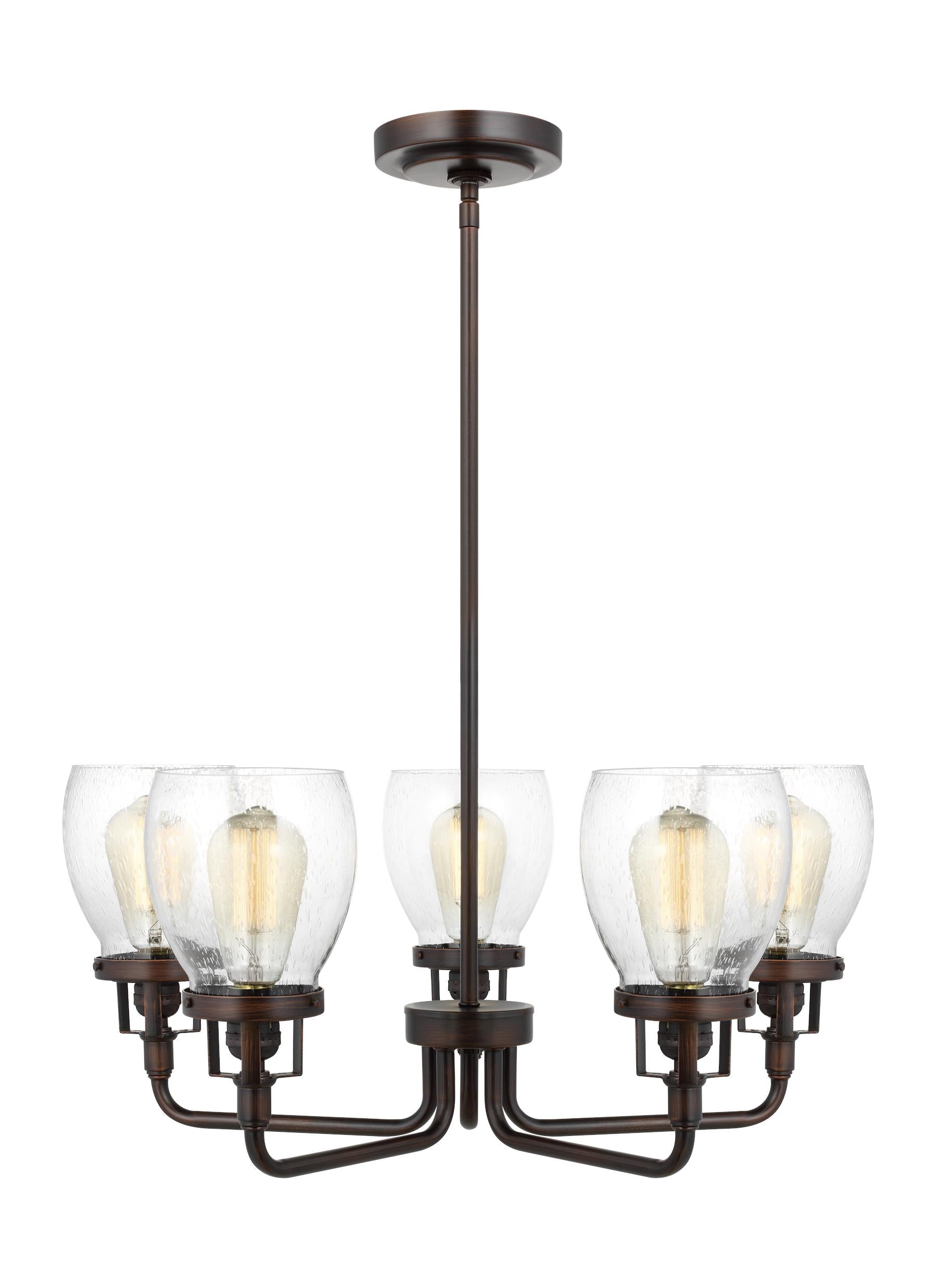 Belton transitional 5-light indoor dimmable ceiling up chandelier pendant light in bronze finish with clear seeded glass s...