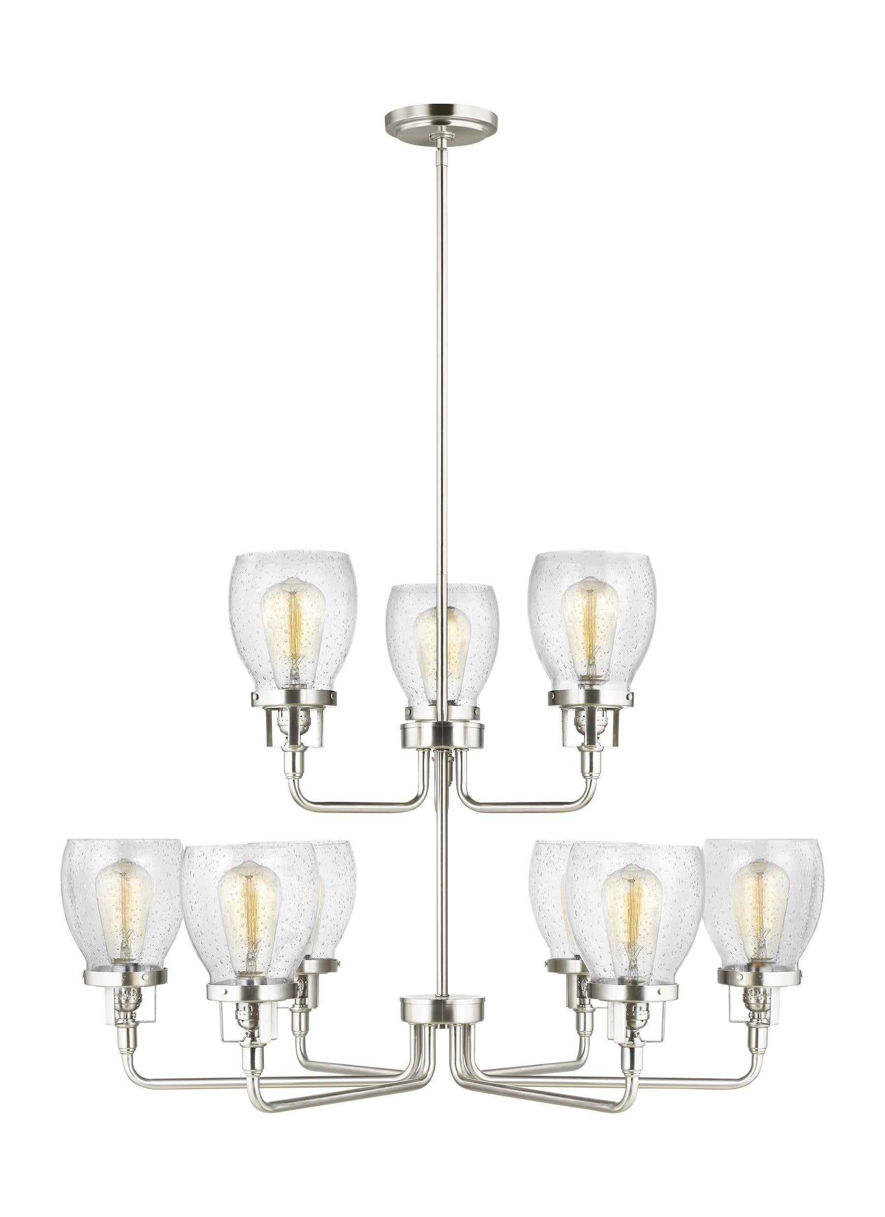 Belton transitional 9-light indoor dimmable ceiling chandelier pendant light in brushed nickel silver finish with clear se...