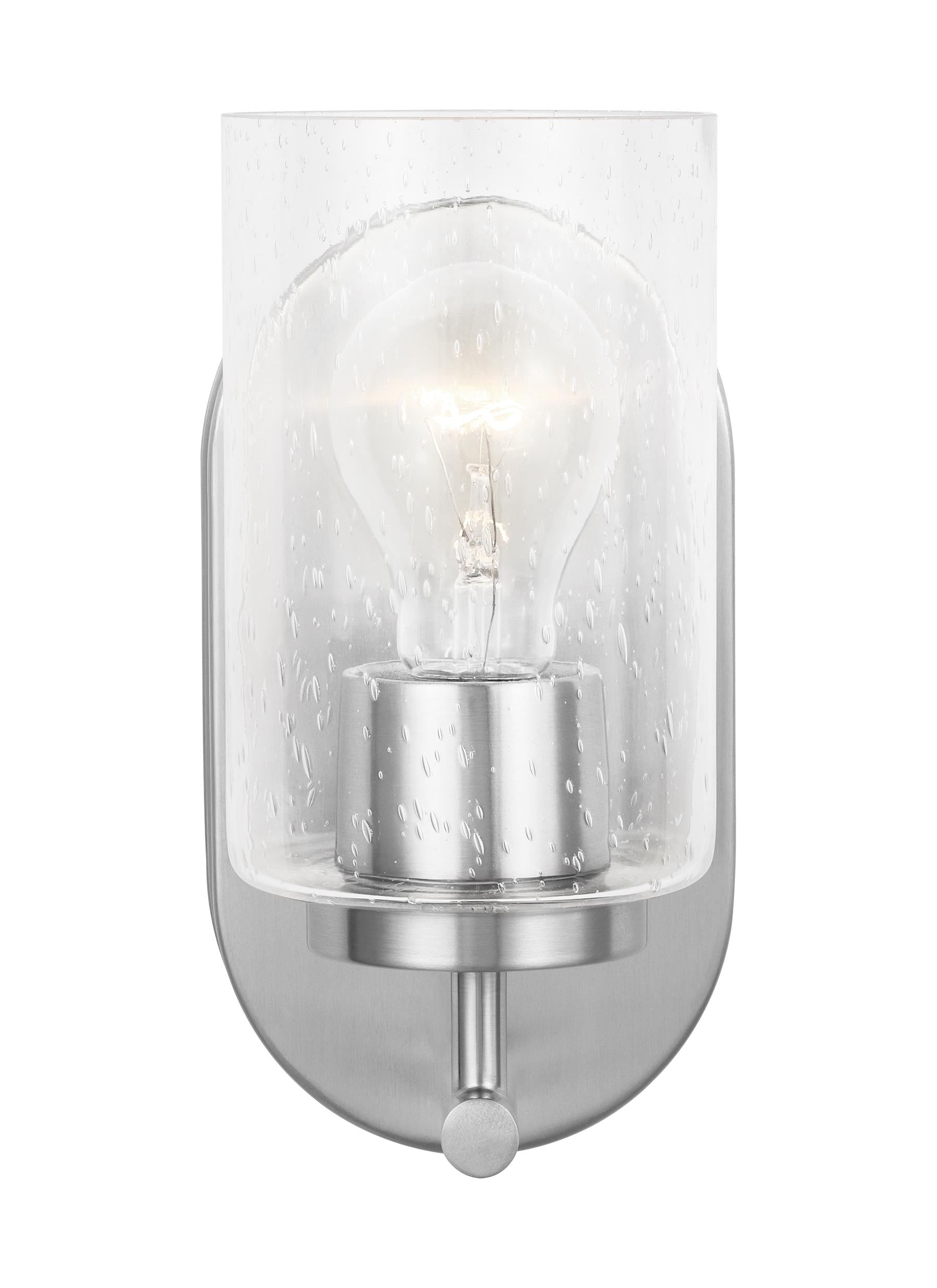Oslo dimmable 1-light wall bath sconce in a brushed nickel finish with clear seeded glass shade