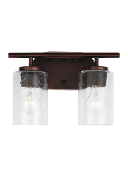 Oslo dimmable 2-light wall bath sconce in a bronze finish with clear seeded glass shade