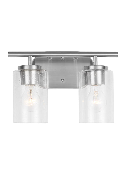 Oslo dimmable 2-light wall bath sconce in a brushed nickel finish with clear seeded glass shade