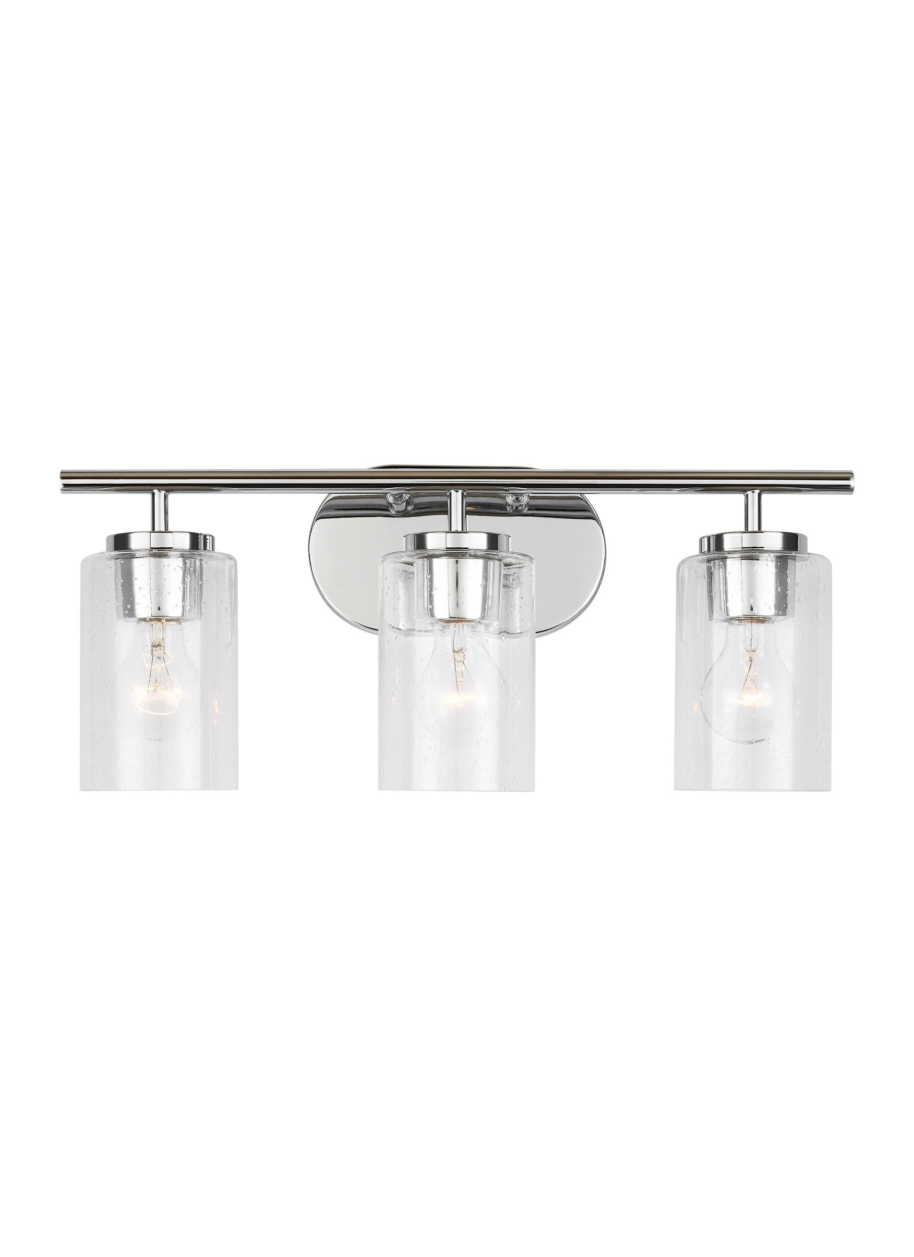 Oslo dimmable 3-light wall bath sconce in a chrome finish with clear seeded glass shade