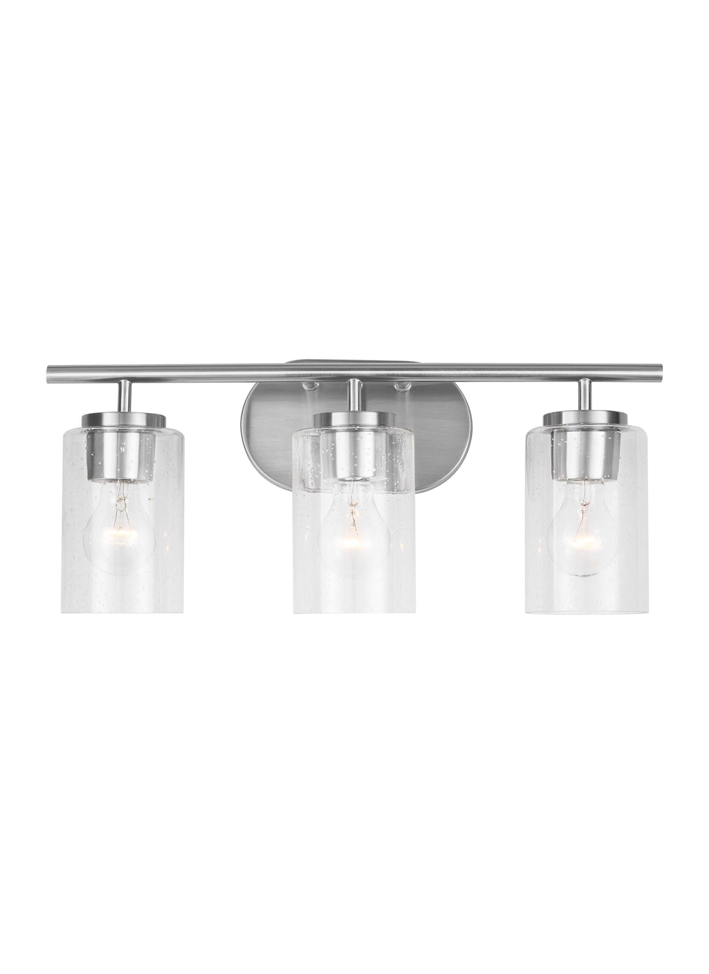 Oslo dimmable 3-light wall bath sconce in a brushed nickel finish with clear seeded glass shade