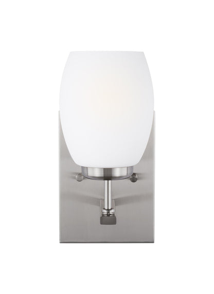 Catlin modern 1-light indoor dimmable bath vanity wall sconce in brushed nickel silver finish with etched white inside gla...