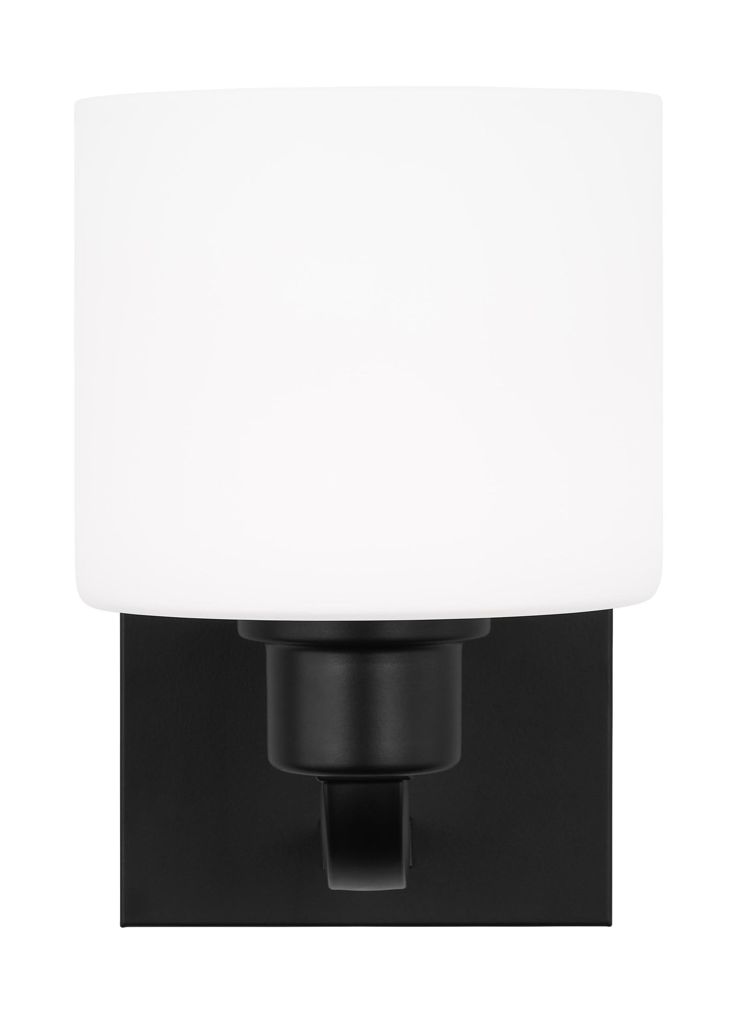 Canfield indoor dimmable 1-light wall bath sconce in a midnight black finish and etched white glass shade