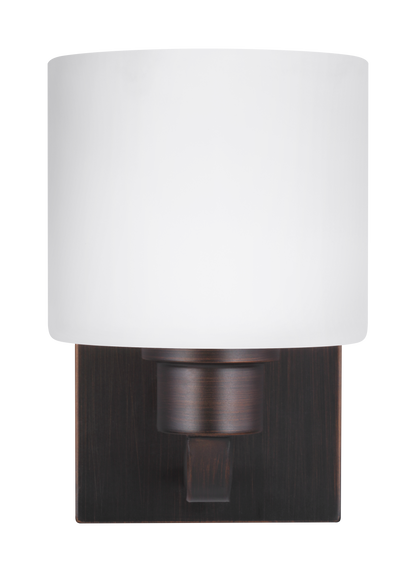 Canfield modern 1-light indoor dimmable bath vanity wall sconce in bronze finish with etched white inside glass shade