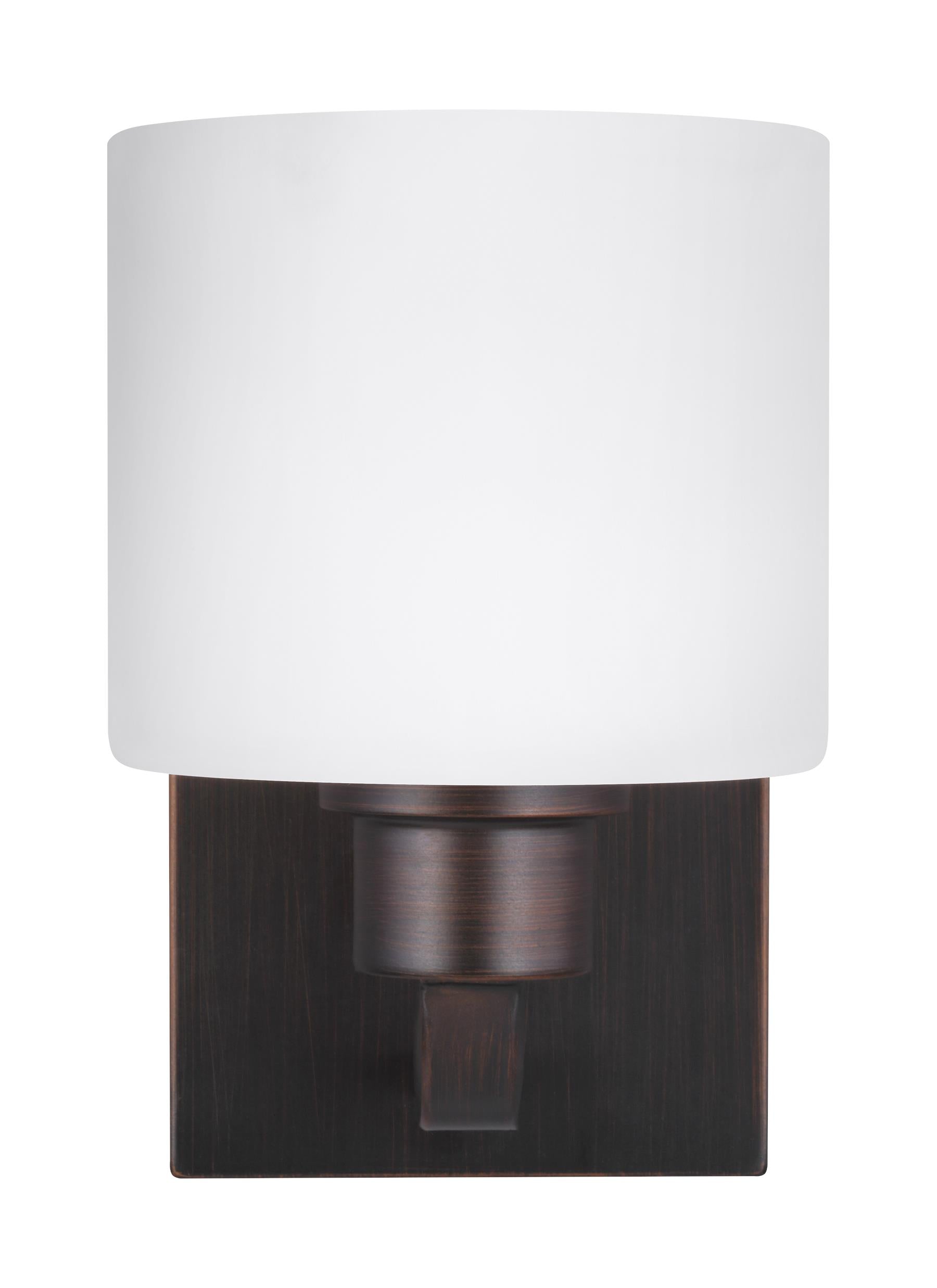 Canfield modern 1-light indoor dimmable bath vanity wall sconce in bronze finish with etched white inside glass shade