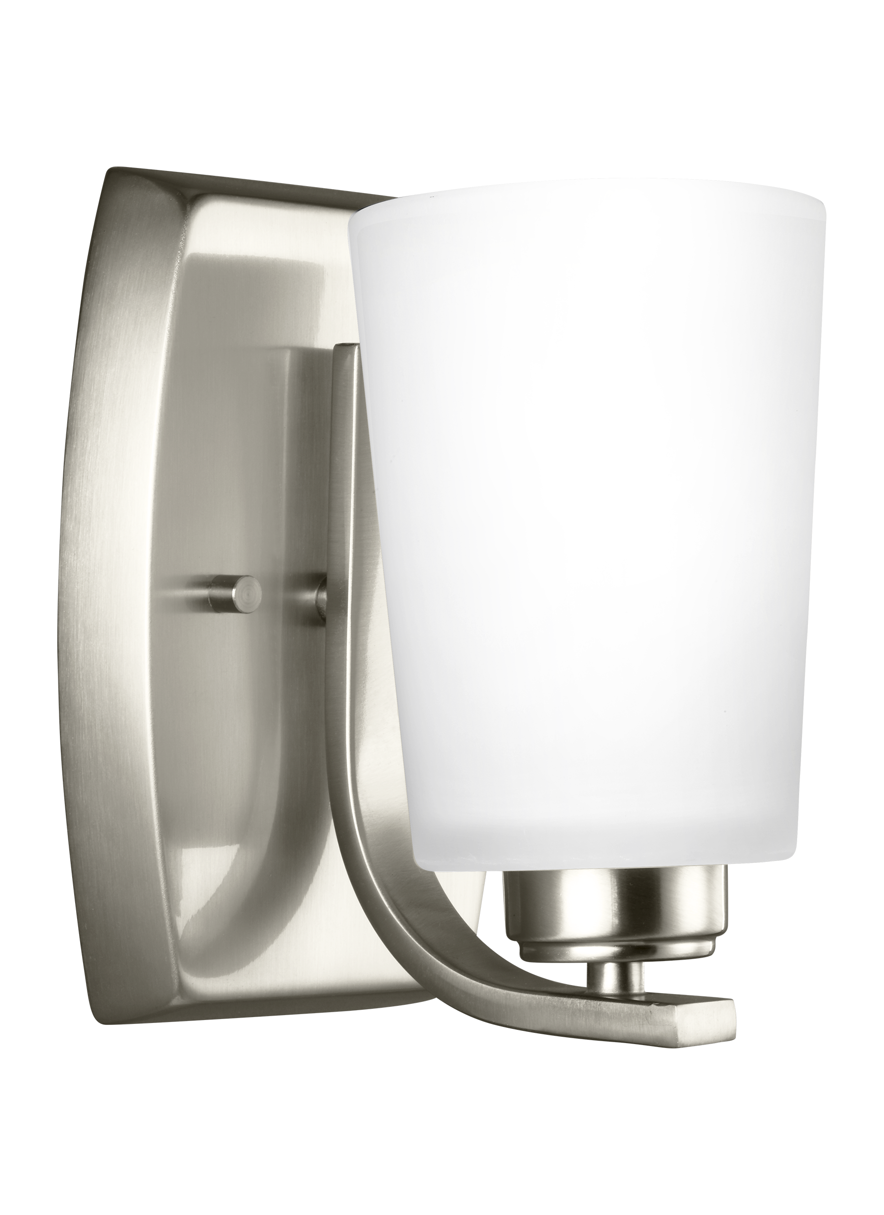 Franport transitional 1-light indoor dimmable bath vanity wall sconce in brushed nickel silver finish with etched white gl...