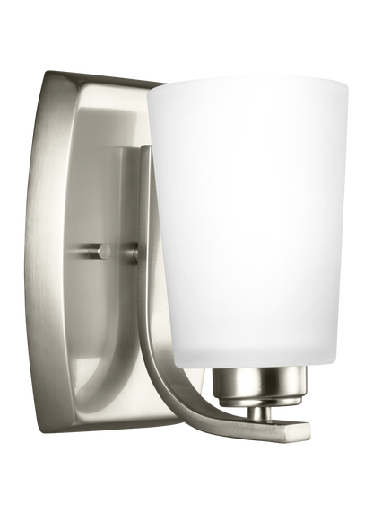 Franport transitional 1-light indoor dimmable bath vanity wall sconce in brushed nickel silver finish with etched white gl...