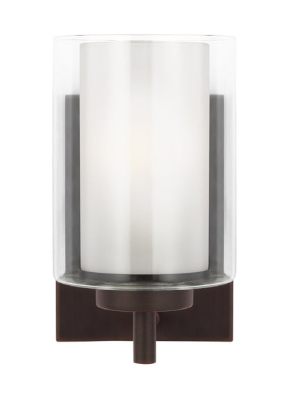 Elmwood Park traditional 1-light indoor dimmable bath vanity wall sconce in bronze finish with satin etched glass shade an...