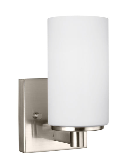 Hettinger transitional 1-light indoor dimmable bath vanity wall sconce in brushed nickel silver finish with etched white i...